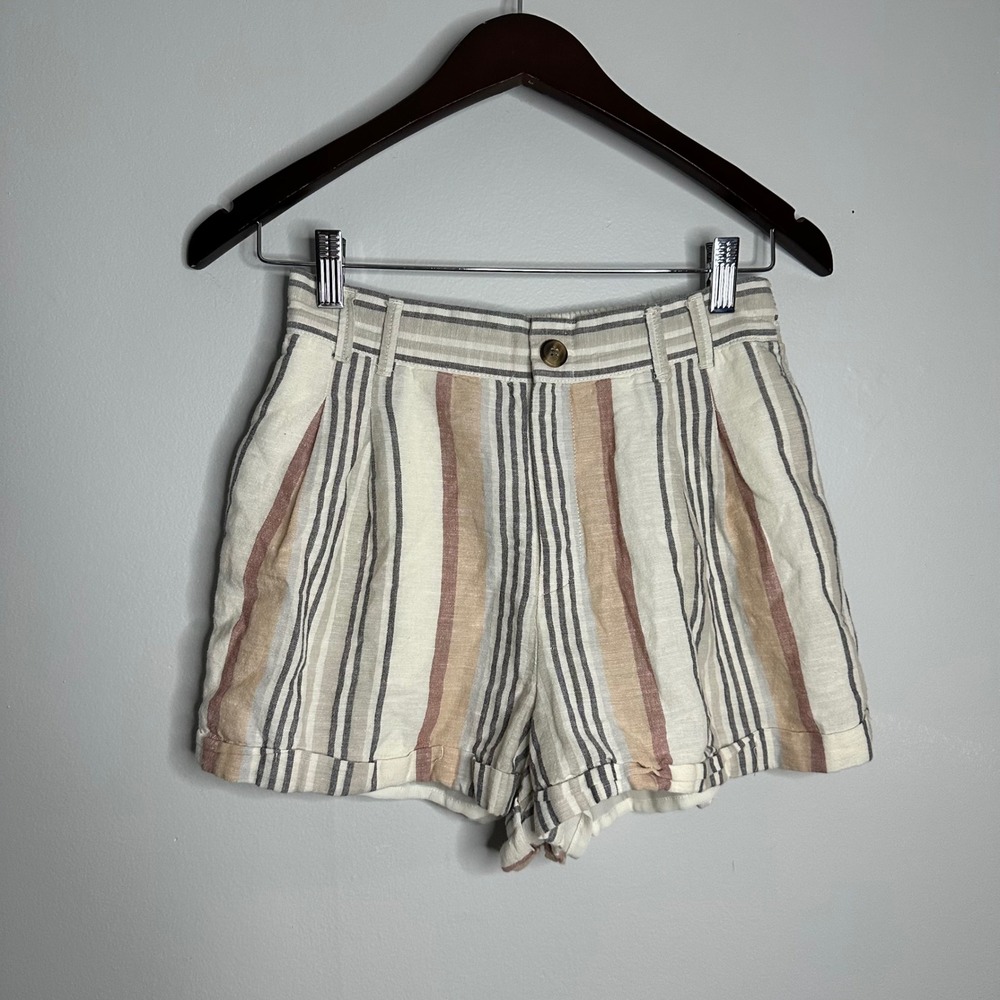 American Eagle Linen Blend Shorts Womens Small Tan Striped EUC High Rise Boho
